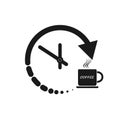 Stylized clock and coffee Cup icon for logo, logo, button or information. Stock illustration isolated on a white background Royalty Free Stock Photo