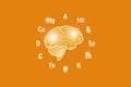 Stylized clockface with essential vitamins and microelements for human health, hand drawn human Brain, orange background.