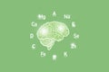 Stylized clockface with essential vitamins and microelements for human health, hand drawn human Brain, light green background.