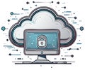 Stylized Cloud Computing Security Illustration Featuring Monitor and Padlock for Secure Data and Privacy Online Royalty Free Stock Photo