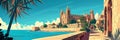 Stylized Coastal Cityscape Illustration with Historic Cathedral and Palm Trees for Travel and Culture Publications