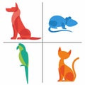 Stylized color drawings of pets. Dog and parrot, cat and hamster