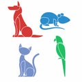 Stylized color pets icons. Dog and a parrot, a cat and a hamster