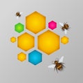 Stylized colorful honeycomb with honey and bees