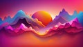 Stylized colorful landscape with sunset, low poly mountains and wide palette of color gradients