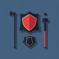 Stylized medieval weaponry assortment featuring shields and striking implements composition Royalty Free Stock Photo
