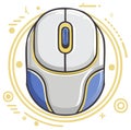 Stylized computer mouse illustration with blue and yellow accents and circular graphic elements Royalty Free Stock Photo