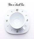 Stylized concept of the clock from tea or coffee cup on white saucer isolated on white. Royalty Free Stock Photo