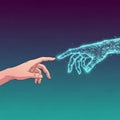 Conceptual illustration representing AI, featuring a human hand connecting with a glowing digital circuit hand in a minimalist, pe Royalty Free Stock Photo