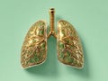 A stylized, copper-colored lung sculpture with gold trim, lit cinematically against a mint and lime gradient backdrop The artwork Royalty Free Stock Photo
