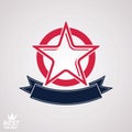 Stylized corporate branding icon, clear eps8 symbol. Vector simple pentagonal star with decorative ribbon, isolated on white back