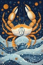 Stylized Orange Crab on Ocean Waves: Vibrant Marine Illustration Royalty Free Stock Photo