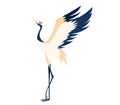 Stylized crane bird vector illustration with elegant long legs and spread feathers. Graceful wildlife graphic element