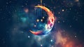 A stylized crescent moon is adorned with vibrant, multicolored nebulae textures, Royalty Free Stock Photo