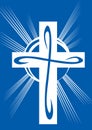 Stylized cross in white on a blue background, vector illustration
