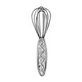 A stylized culinary whisk with a beautifully carved handle.