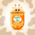 A stylized cup of sweet bobble tea. Little giraffe. Spots. Orange animal and drink. Tea with tapioca pearls. Asian