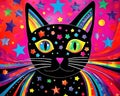 Stylized Cute Black Cat Vibrant Colors Kitsch Mid Century Modern Art Abstract Background.