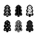 Stylized cute Christmas tree. Black graphic set of one shape with different decor variation. Doodle hand drawn illustration.