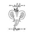 Stylized cute elephant isolated vector illustration with wild and free quote. Nice template for baby shower, child album Royalty Free Stock Photo