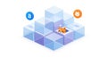 Stylized 3d blockchain cubes with crypto icons and fox character dancing isolated on white background Royalty Free Stock Photo