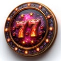 A stylized 3D emblem with number 77 and a celestial theme, set against a starry night backdrop Decorative elements Royalty Free Stock Photo