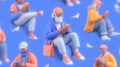 A stylized 3D illustration of an elderly man sitting and using a smartphone, surrounded by repeated figures and birds on a blue Royalty Free Stock Photo
