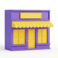 Cartoon Style Purple Storefront with Yellow Awning and Windows on White Background shop Royalty Free Stock Photo