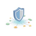 Isometric Shield Icon Protecting Network Devices and Data Flow for Cybersecurity Concept Royalty Free Stock Photo
