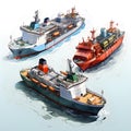 stylized 2D isometric depiction of cargo ships, with bold outlines and vibrant colors, giving modern and graphic appeal against