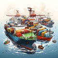 stylized 2D isometric depiction of cargo ships, with bold outlines and vibrant colors, giving modern and graphic appeal against