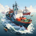 stylized 2D isometric depiction of cargo ships, with bold outlines and vibrant colors, giving modern and graphic appeal against