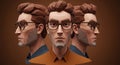 Stylized 3D Render of a Man with Glasses in Multiple Views Royalty Free Stock Photo