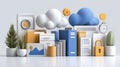 A stylized 3d render of various objects representing cloud data management and office productivity Royalty Free Stock Photo