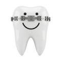 A3D rendered cartoon tooth with metal braces and a happy smiling face on a white background Royalty Free Stock Photo