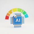 3D Rendering of an AI Chip with a Speedometer Gauge Indicating High Performance on a White Background Royalty Free Stock Photo