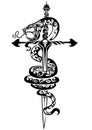 Stylized dagger in the form of a cross and a stylized poisonous snake, black color, isolated object on a white background, logo,