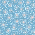 Stylized dandelions seamless pattern with white lines on pastel blue background. Minimal flat  illustration in doodle style for Royalty Free Stock Photo