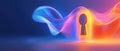 Stylized data packets flow through keyhole, symbolizing access and privacy. vibrant colors create dynamic visual effect