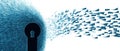 Stylized data packets flowing through keyhole, symbolizing access and privacy, with area for text at bottom