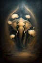 Stylized decorated Elephants and Fantasy Golden Lotus flowers,