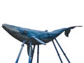 Stylized decorated figure of a swimming blue whale on stands on a white clipping background