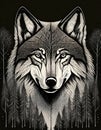 Illustration of a wolf in black and white, front view, stylized and graphic, AI content Royalty Free Stock Photo
