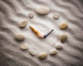 Stylized dial clock for shells on the sand for concentration and relaxation for harmony and balance in pure simplicity Royalty Free Stock Photo