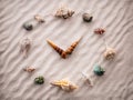 Stylized dial clock for shells on the sand for concentration and relaxation for harmony and balance in pure simplicity Royalty Free Stock Photo