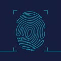 A stylized, digital fingerprint illustration with interconnected circuit-like patterns in light