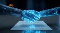 Digital handshake between robotic arms over contract represents AI collaboration and future solutions Royalty Free Stock Photo