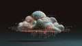 Stylized Digital Illustration of Cloud Computing Concept Featuring Glowing Circuit Lines and Spherical Data Nodes on a Royalty Free Stock Photo