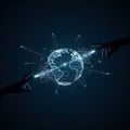 A stylized digital illustration shows two silhouette hands reaching for a glowing wireframe globe, symbolizing global digital conn Royalty Free Stock Photo