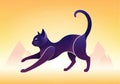 Stylized digital illustration of a stretching black cat with an arched tail against a Royalty Free Stock Photo